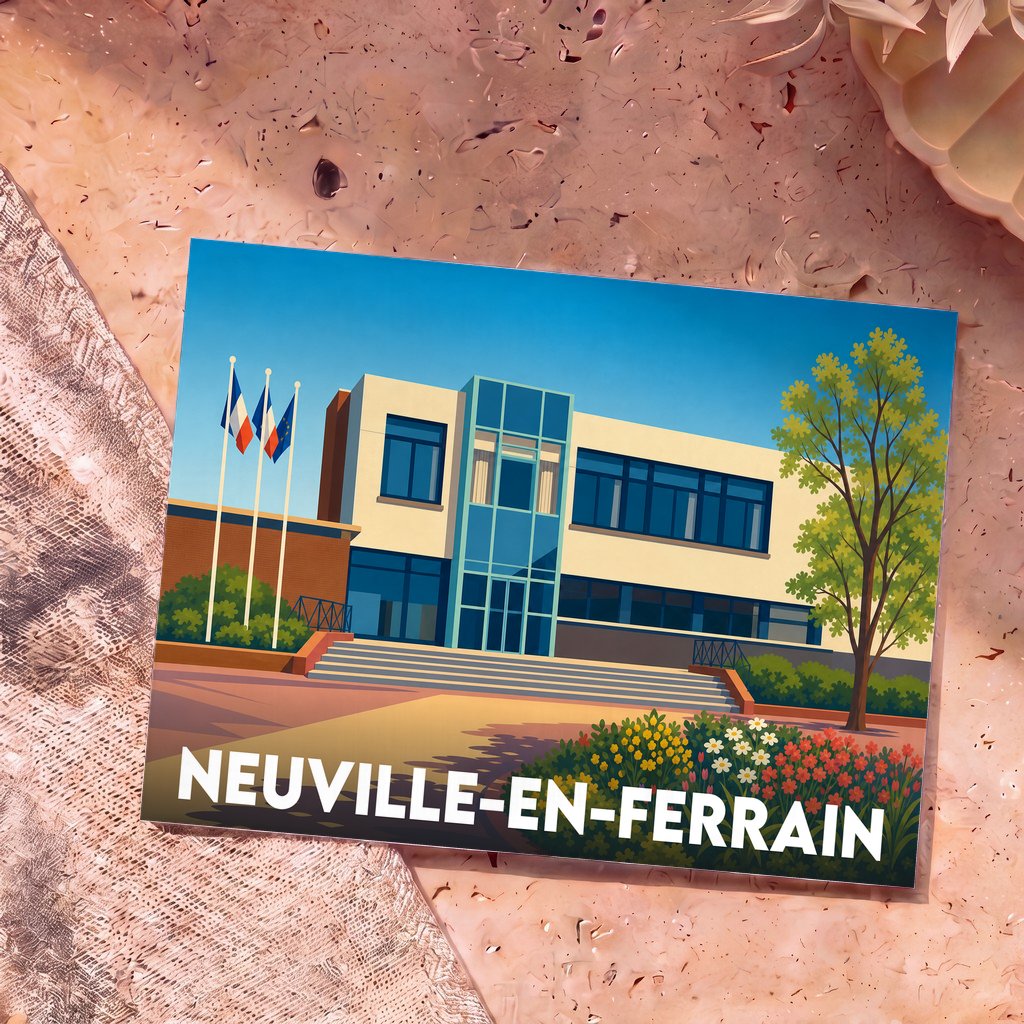 Carte postale souvenir de la ville de Neuville-en-Ferrain avec une illustration stylisée de l'hôtel de ville.