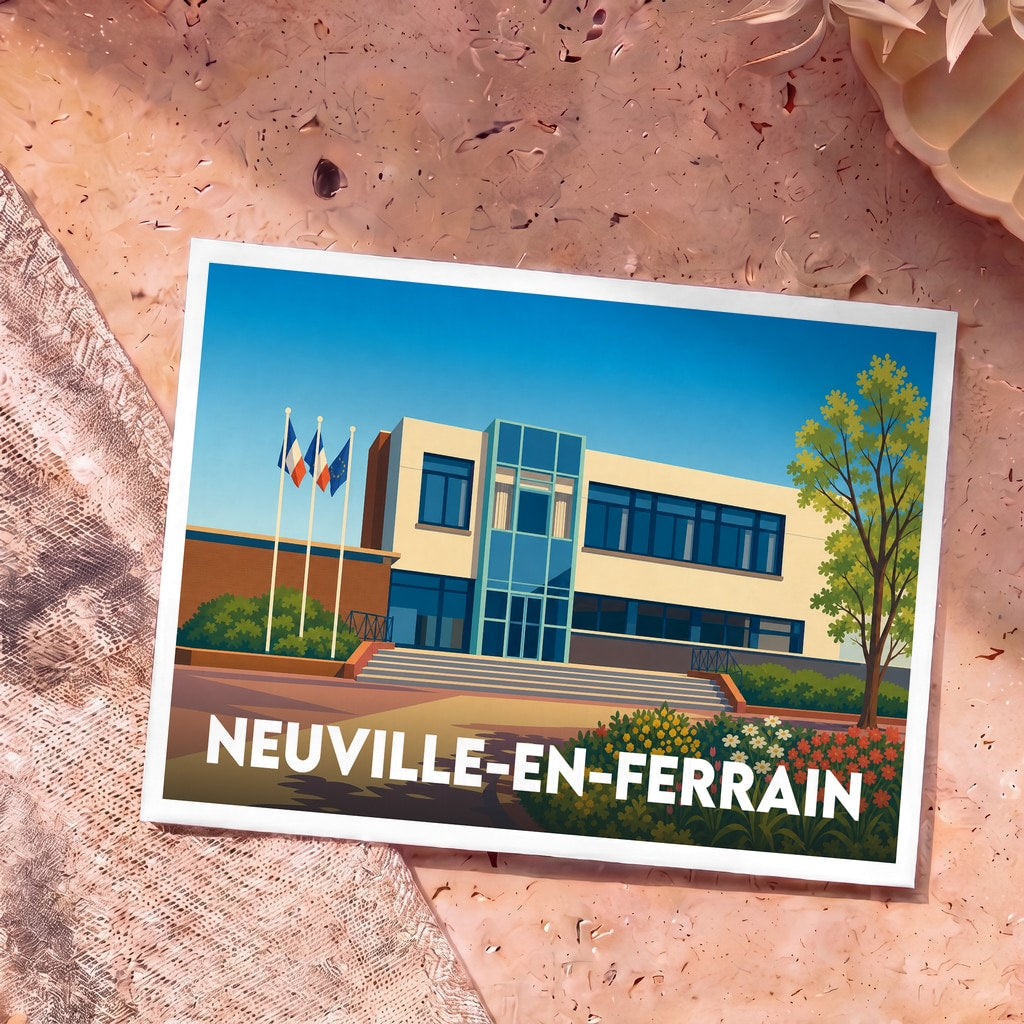 Carte postale souvenir de la ville de Neuville-en-Ferrain avec une illustration stylisée de l'hôtel de ville.