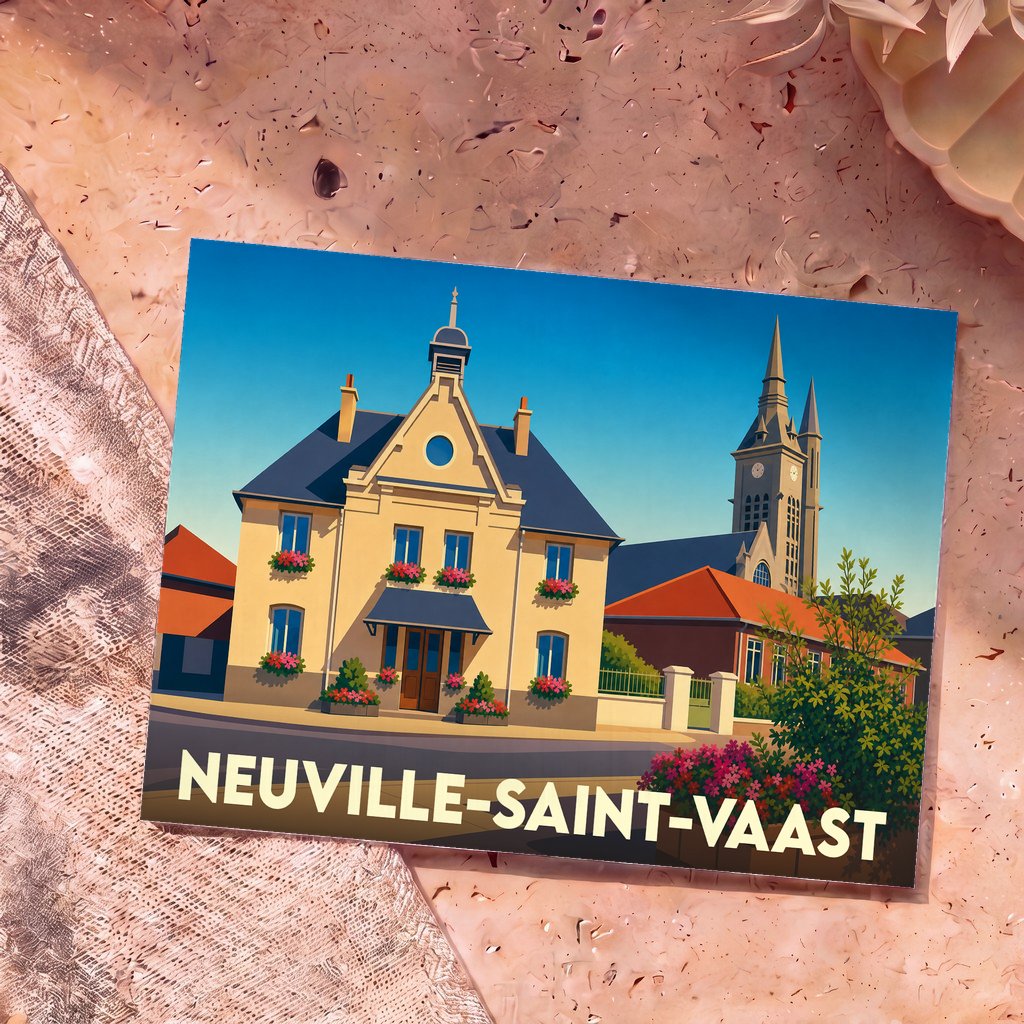 Carte postale souvenir de Neuville-Saint-Vaast avec une illustration stylisée de l'hôtel de ville et de l'église.