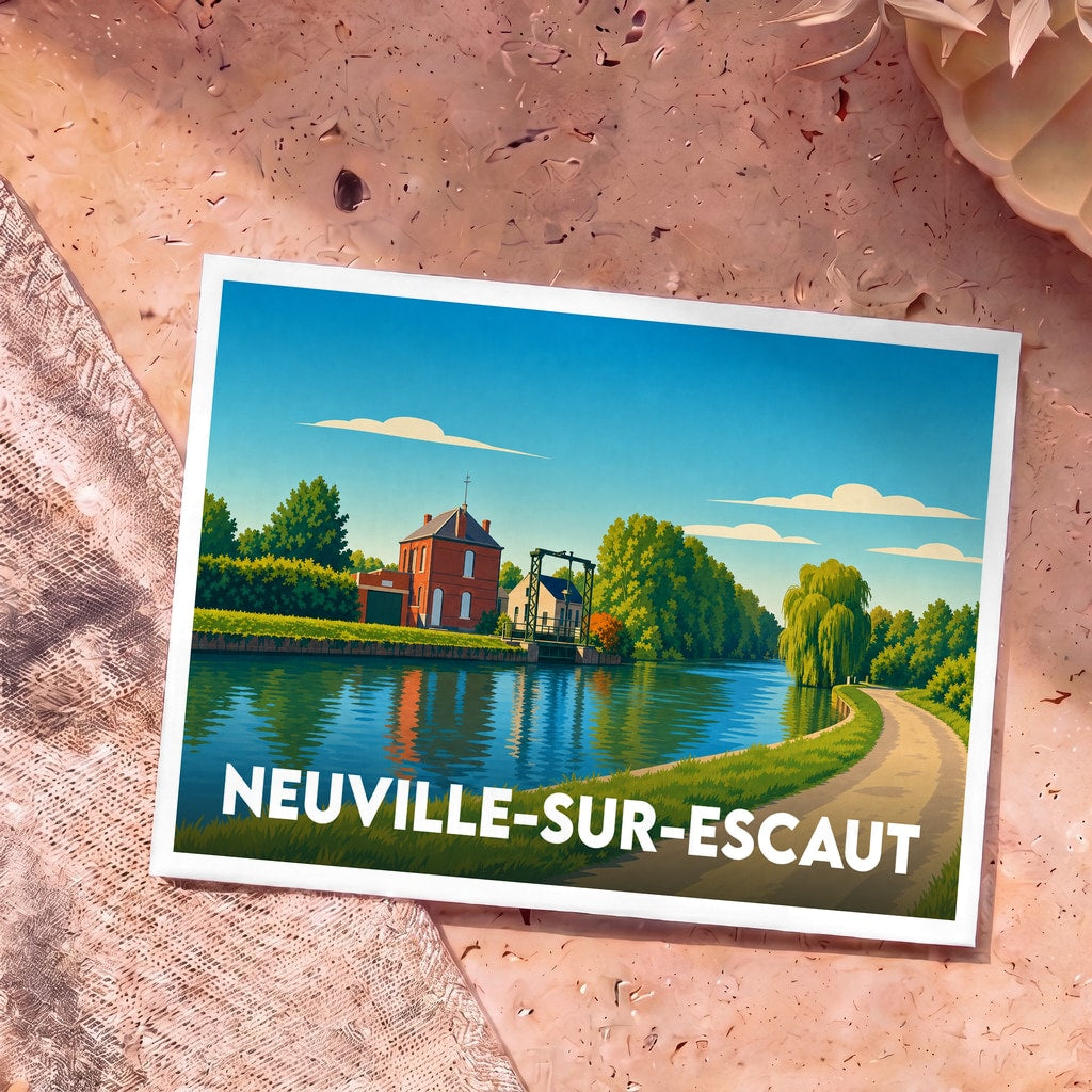 Carte postale souvenir de la ville de Neuville-sur-Escaut avec une illustration stylisée d'un canal et d'une écluse.