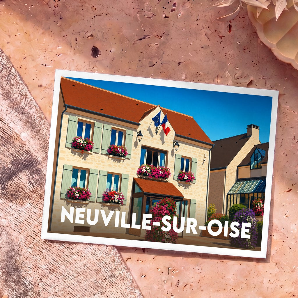 Carte postale souvenir de Neuville-sur-Oise avec une illustration colorée de sa mairie fleurie.