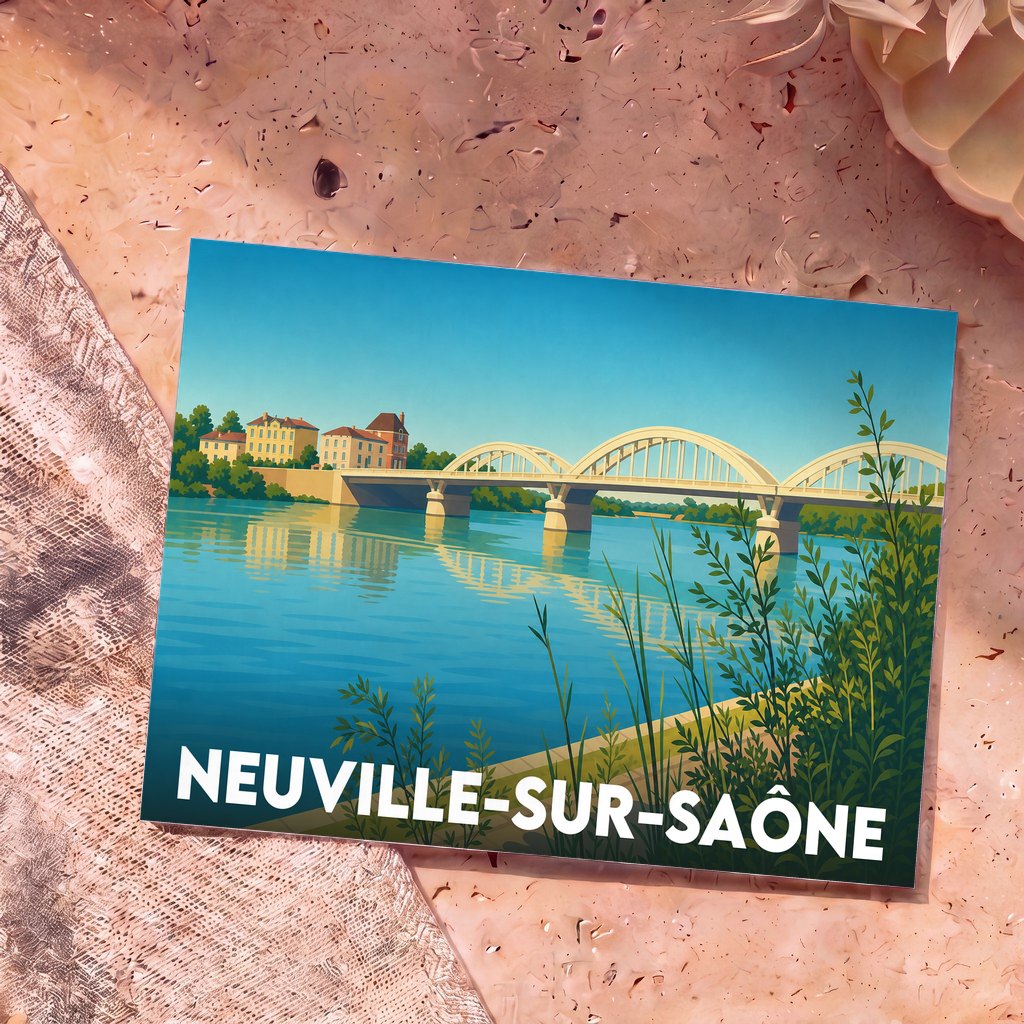 Carte postale souvenir de la ville de Neuville-sur-Saône avec une illustration stylisée du pont et de la rivière.
