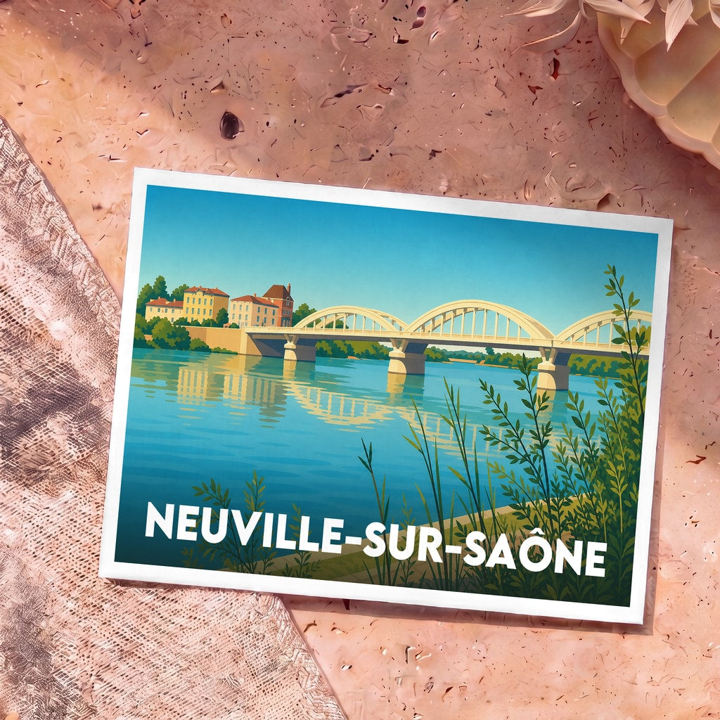 Carte postale souvenir de la ville de Neuville-sur-Saône avec une illustration stylisée du pont et de la rivière.