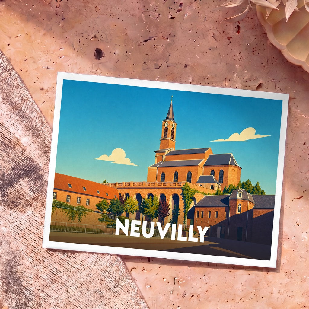Carte postale souvenir de la ville de Neuvilly avec une illustration stylisée de son église et de son viaduc.