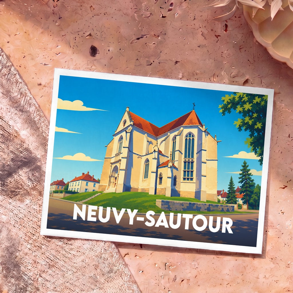 Carte postale souvenir de la ville de Neuvy-Sautour avec une illustration stylisée de son église.