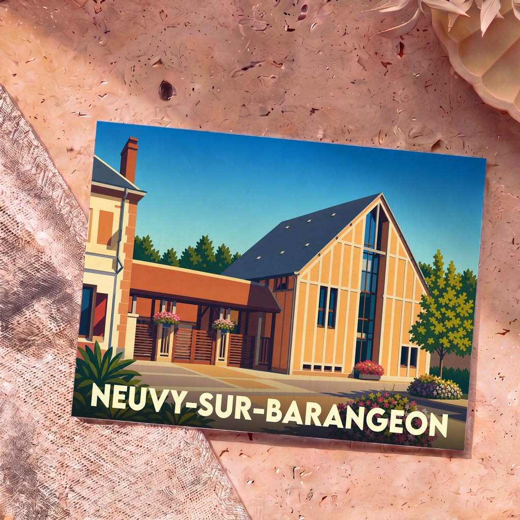 Carte postale souvenir de la ville de Neuvy-sur-Barangeon avec une illustration stylisée.