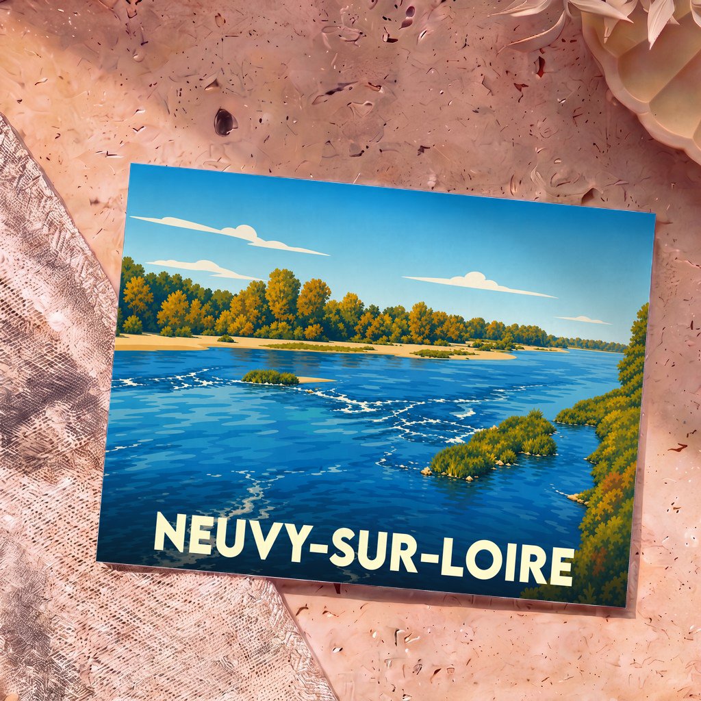 Carte postale souvenir de la ville de Neuvy-sur-Loire avec une illustration stylisée des bords de Loire.