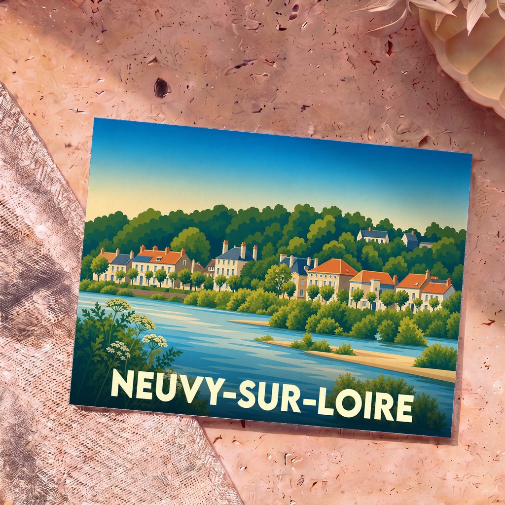 Carte postale souvenir de la ville de Neuvy-sur-Loire avec une illustration stylisée des bords de Loire.