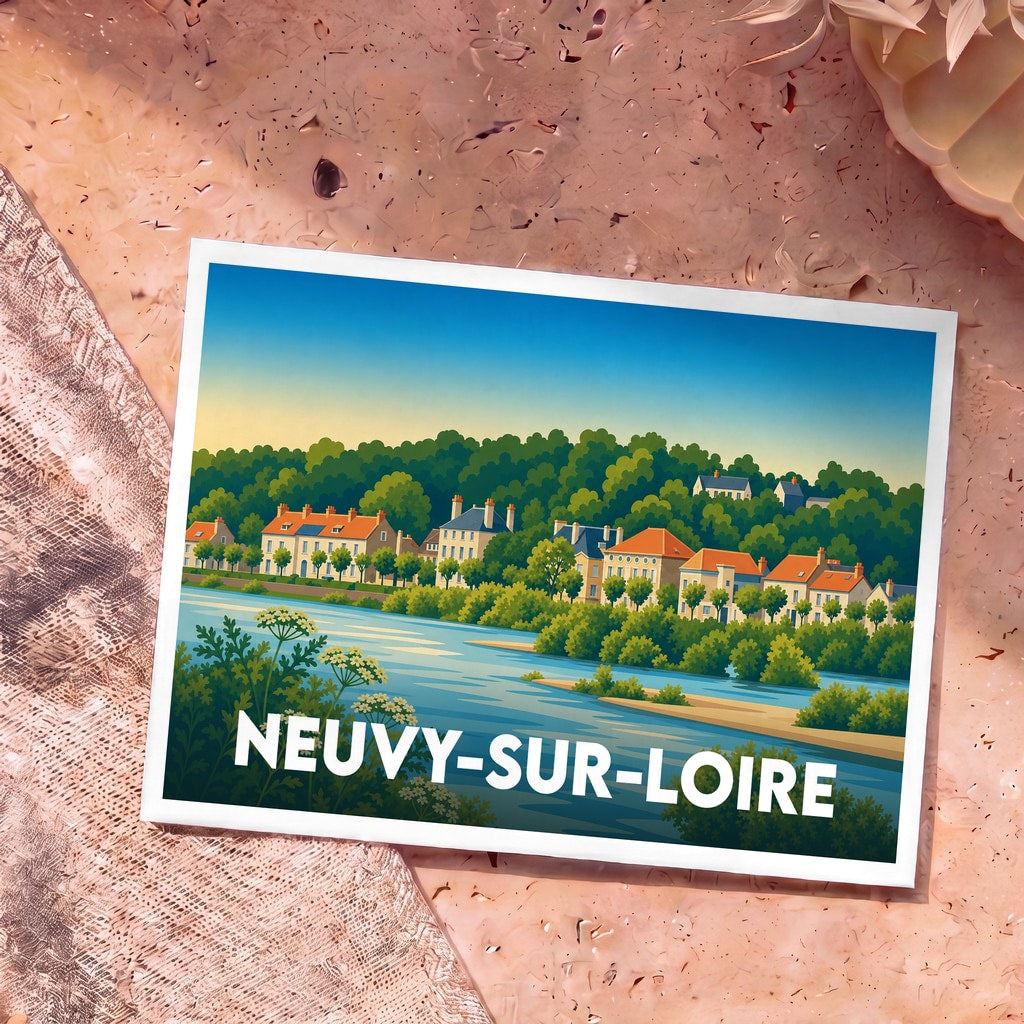 Carte postale souvenir de la ville de Neuvy-sur-Loire avec une illustration stylisée des bords de Loire.