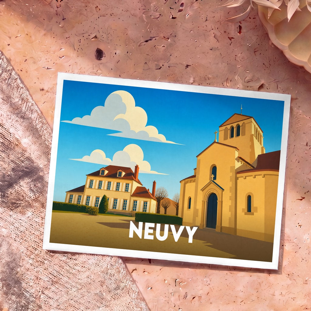 Carte postale souvenir de la ville de Neuvy avec une illustration stylisée d'une église et d'une maison traditionnelle.