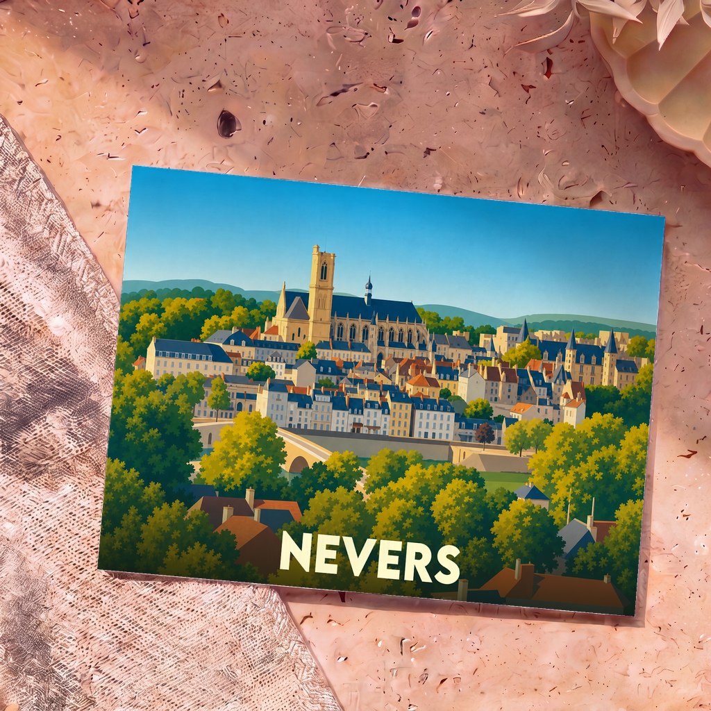 Carte postale souvenir de la ville de Nevers avec une illustration stylisée.