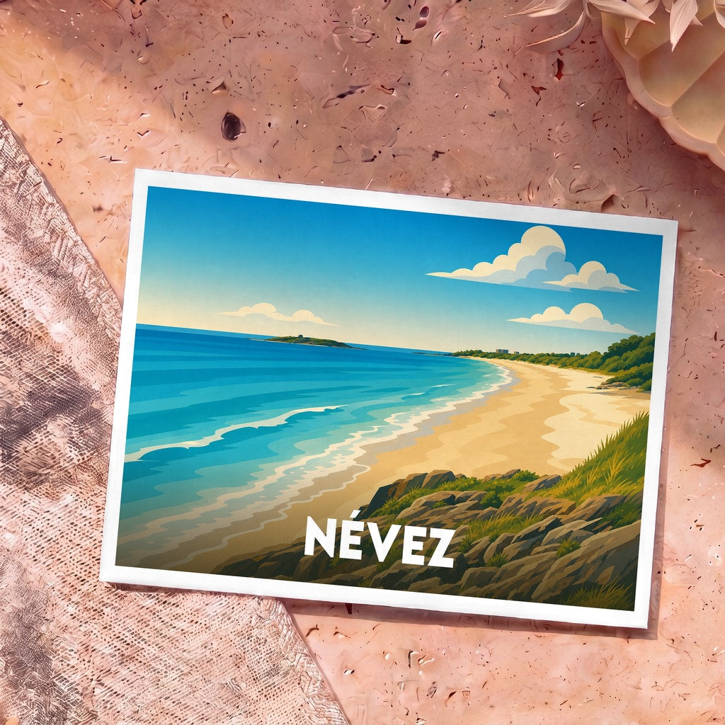 Carte postale souvenir de la ville de Névez avec une illustration stylisée de sa plage et du littoral.