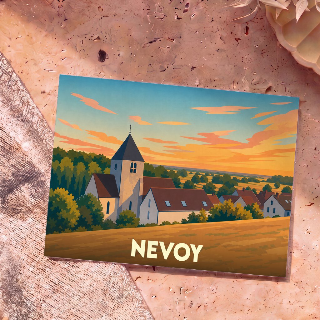 Carte postale souvenir de la ville de Nevoy avec une illustration stylisée d'une église au coucher du soleil.