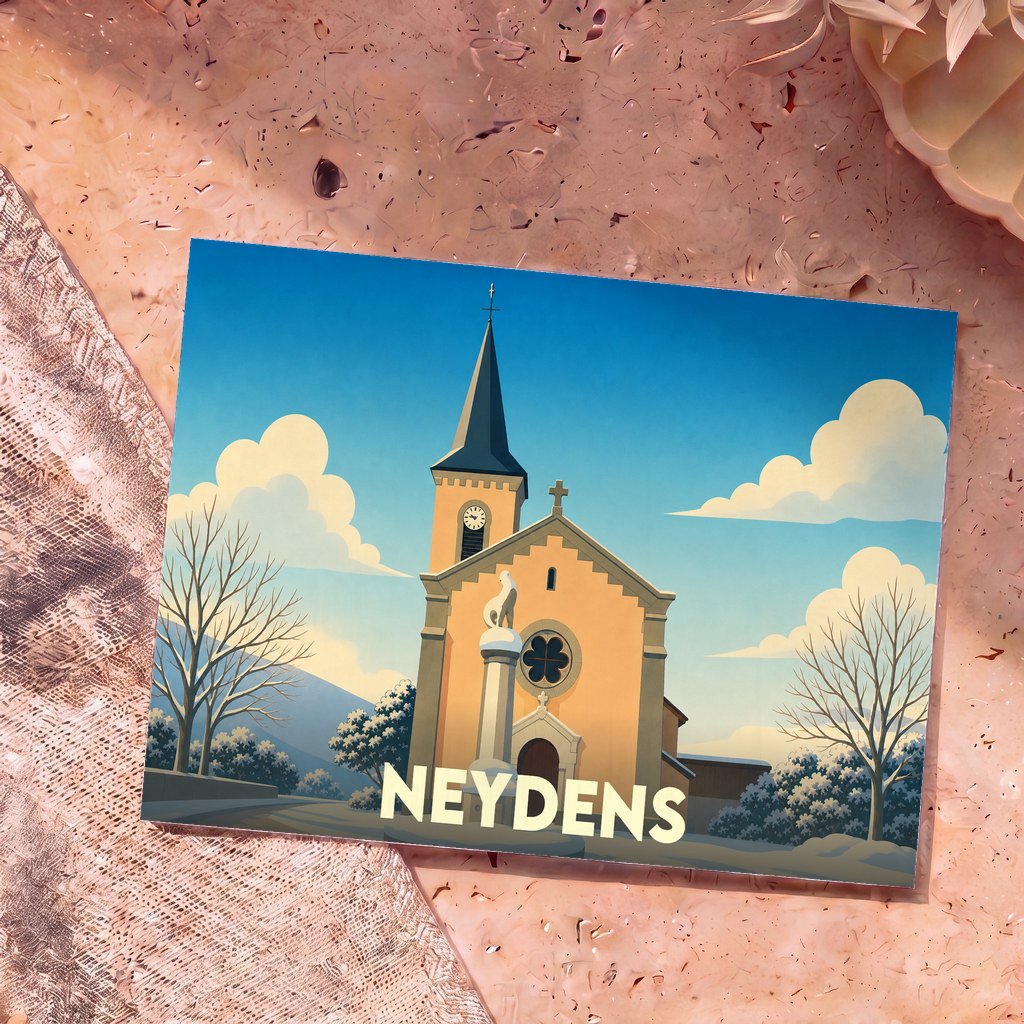 Carte postale souvenir de la ville de Neydens avec une illustration stylisée de son église sous un ciel bleu.