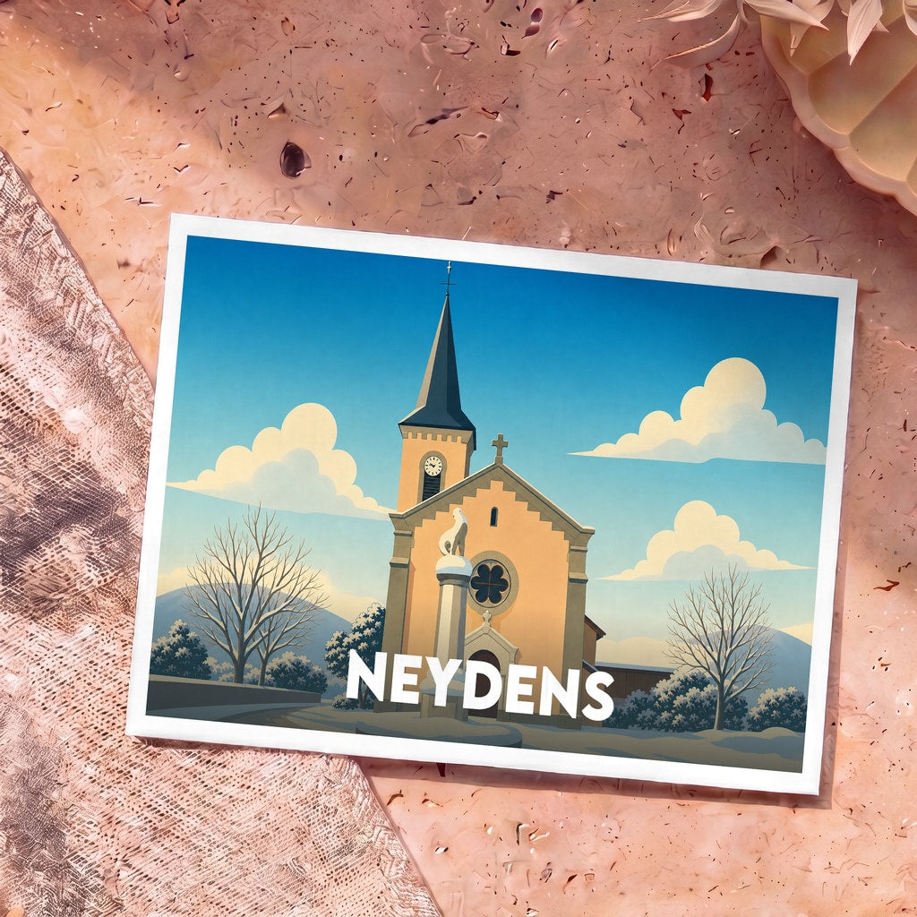 Carte postale souvenir de la ville de Neydens avec une illustration stylisée de son église sous un ciel bleu.