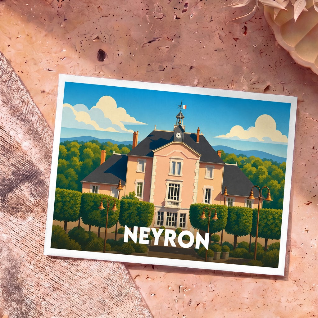 Carte postale souvenir de la ville de Neyron représentant une illustration stylisée de sa mairie.