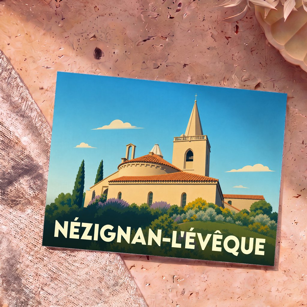 Carte postale souvenir de Nézignan-l'Évêque avec une illustration stylisée de son église sous un ciel bleu.
