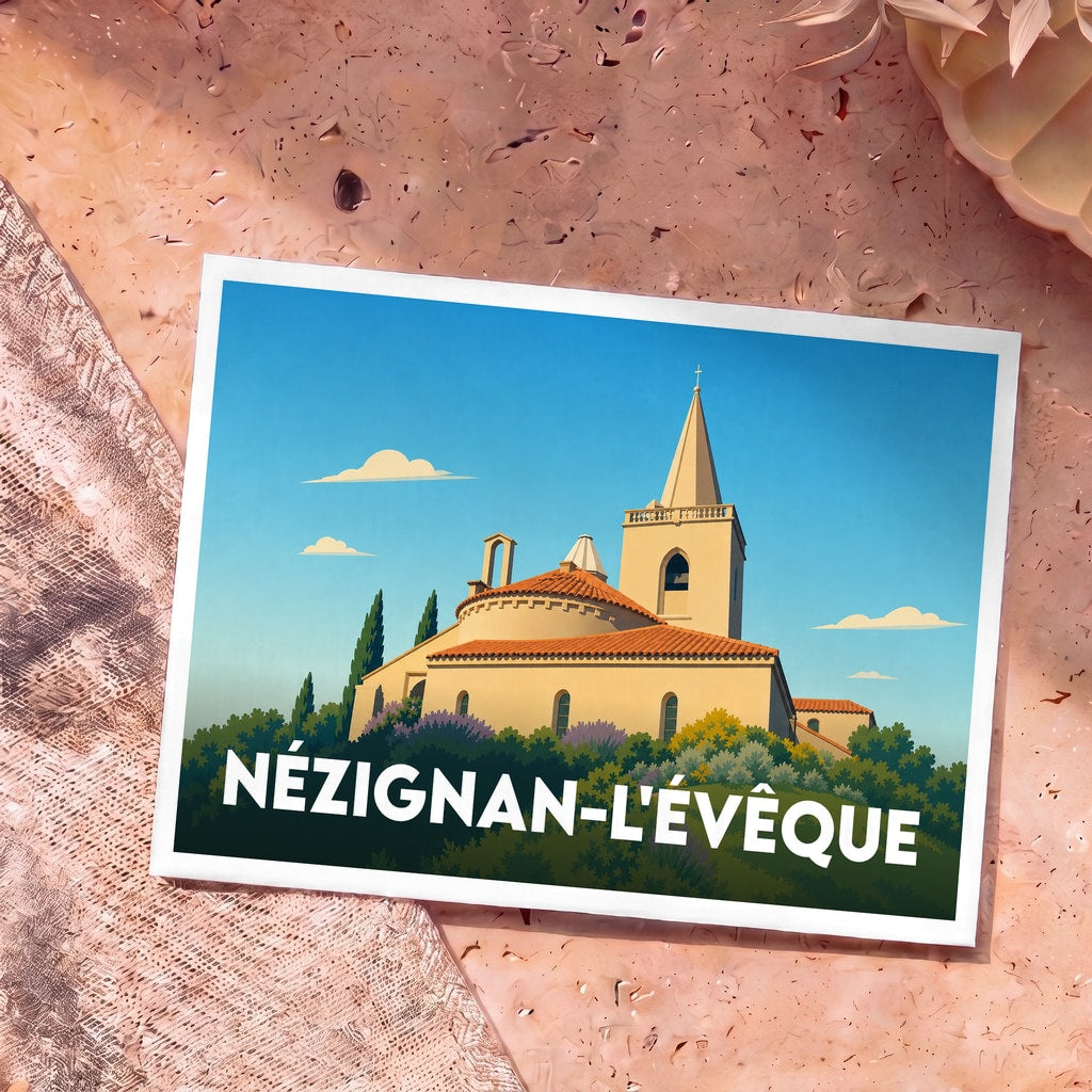 Carte postale souvenir de Nézignan-l'Évêque avec une illustration stylisée de son église sous un ciel bleu.