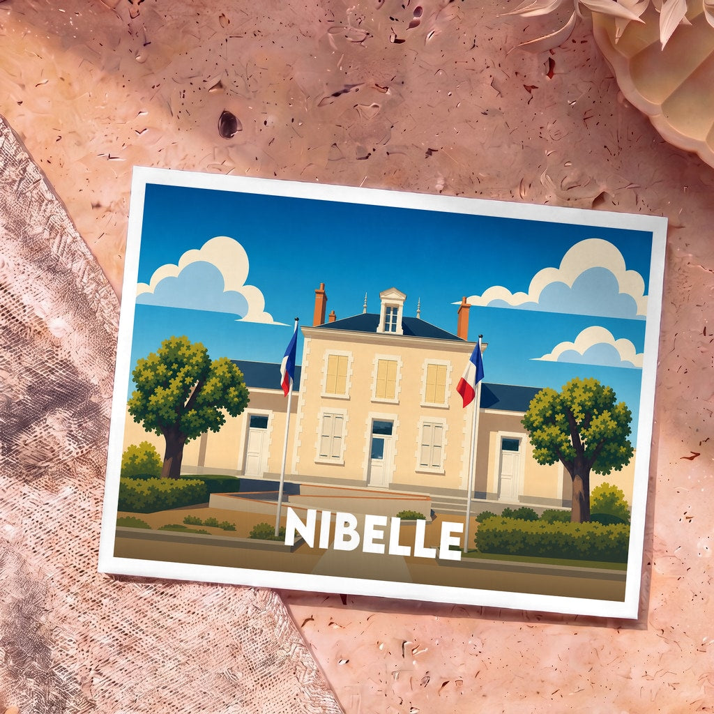 Carte postale souvenir de la ville de Nibelle illustrant la mairie avec des drapeaux français.