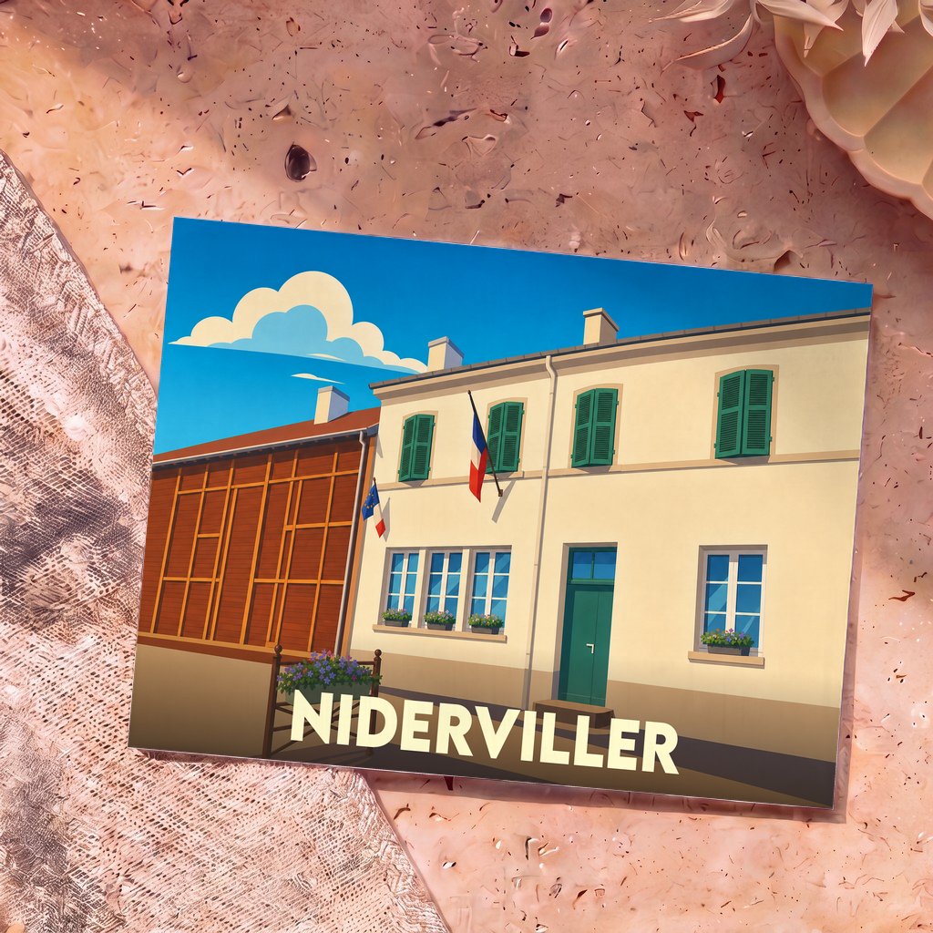 Carte postale souvenir de la ville de Niderviller illustrant un bâtiment typique dans un style épuré.
