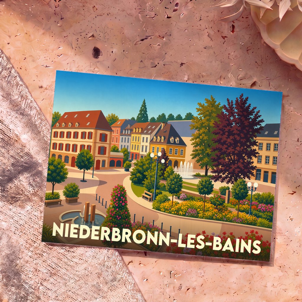 Carte postale souvenir de la ville de Niederbronn-les-Bains avec une illustration stylisée et colorée de son centre-ville.