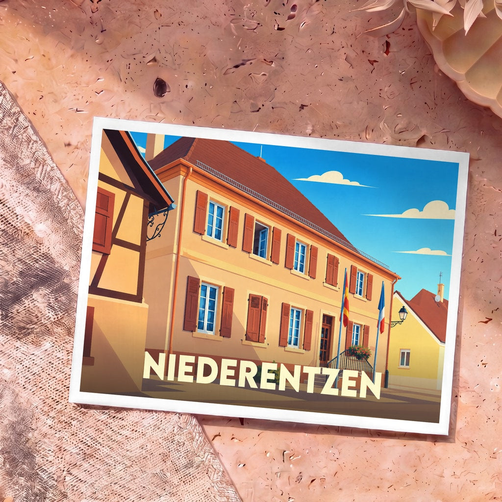 Carte postale souvenir de la ville de Niederentzen illustrant sa mairie et des maisons à colombages dans un style graphique épuré.