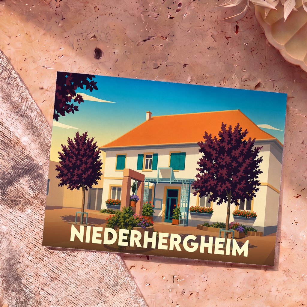 Carte postale souvenir de la ville de Niederhergheim avec une illustration stylisée d'une maison alsacienne.