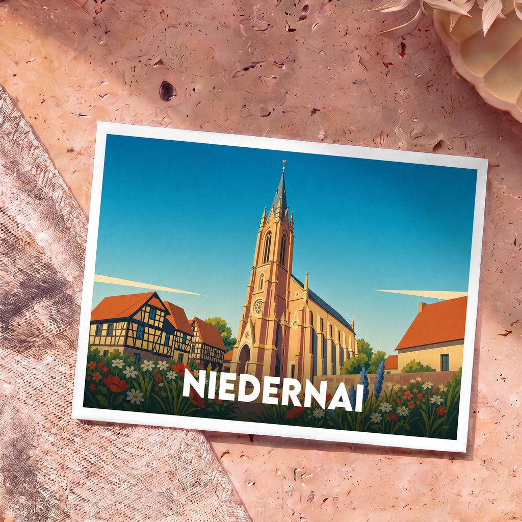 Carte postale souvenir de la ville de Niedernai arborant une illustration stylisée de son église et de maisons à colombages.