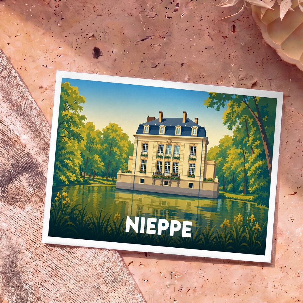 Carte postale souvenir de la ville de Nieppe illustrant son château au bord de l'eau dans un style graphique épuré.