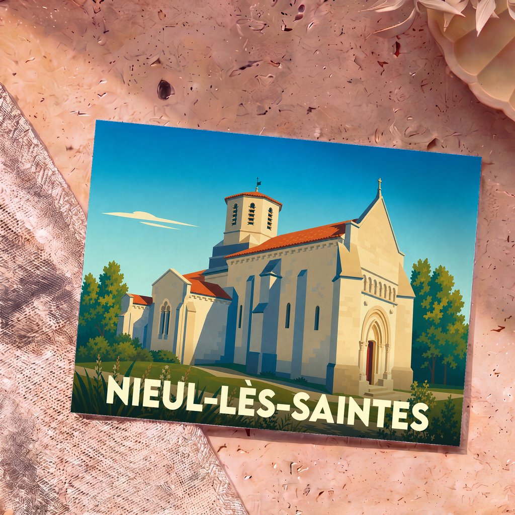 Carte postale souvenir de Nieul-lès-Saintes illustrant son église romane dans un style graphique épuré.