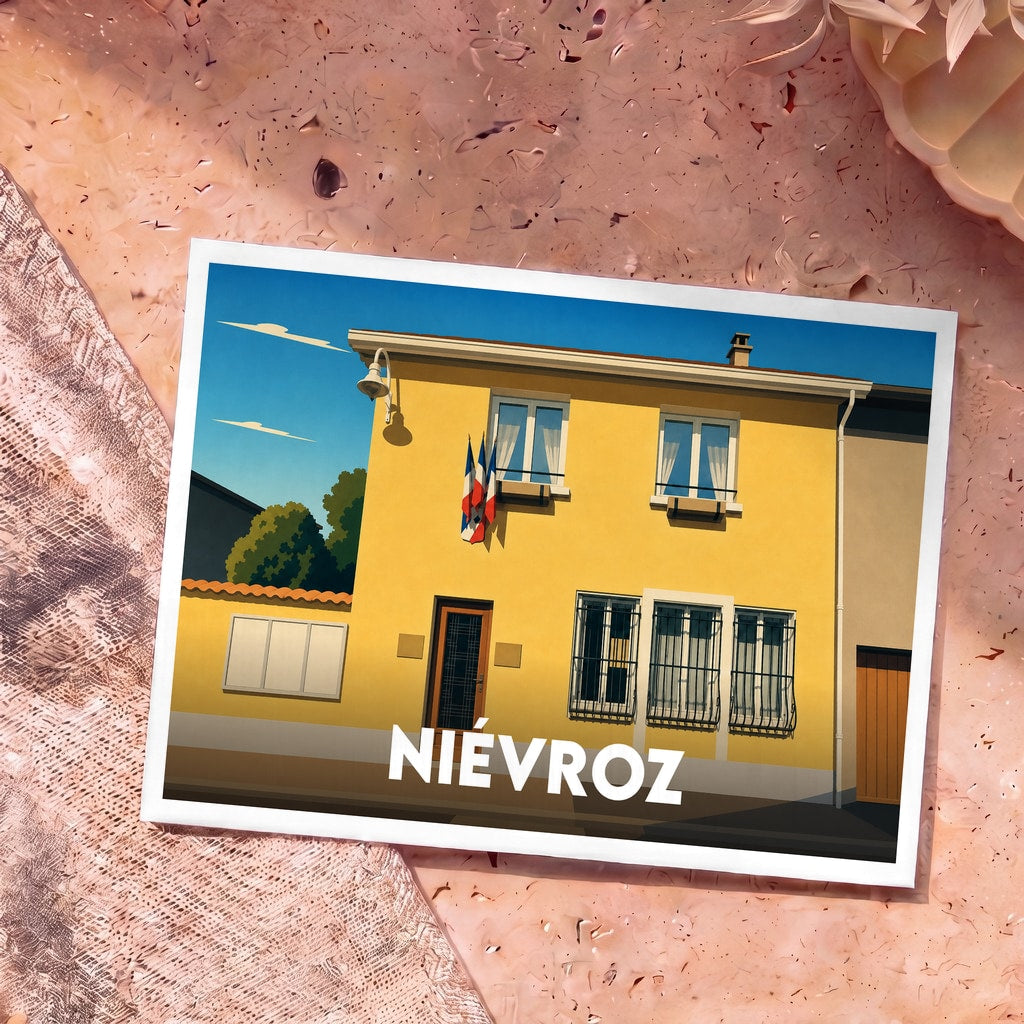 Carte postale souvenir de la ville de Niévroz illustrant la mairie avec un style graphique épuré.