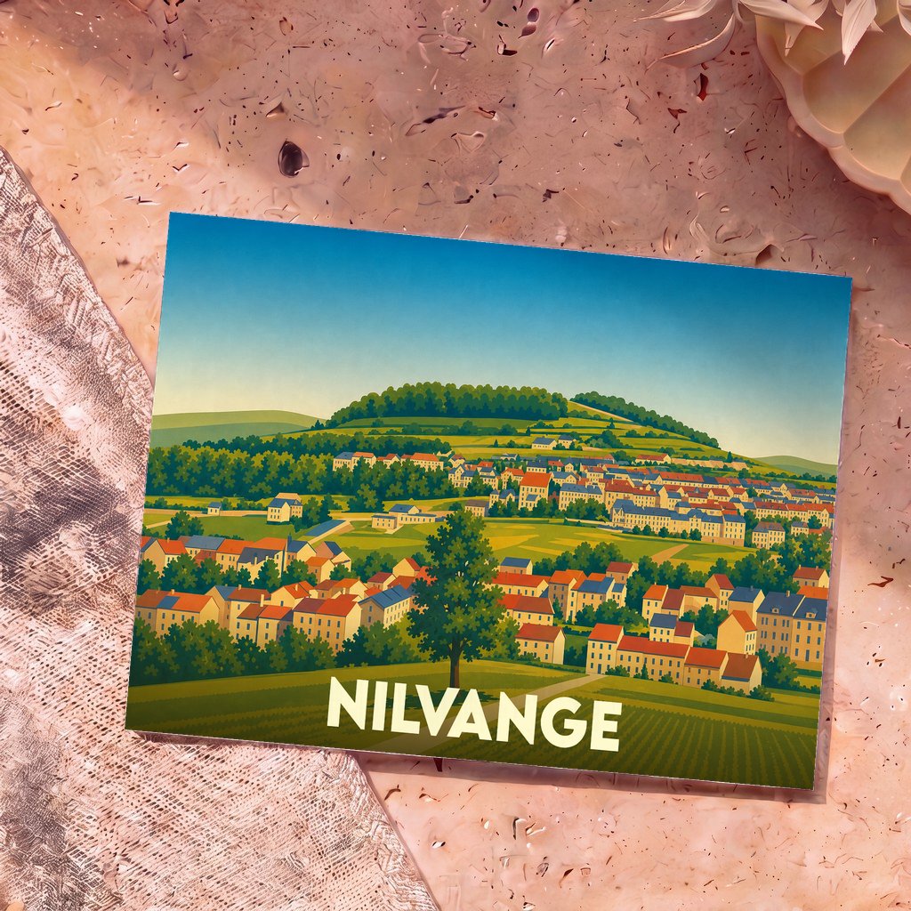 Carte postale souvenir de la ville de Nilvange avec une illustration stylisée d'un village vallonné.