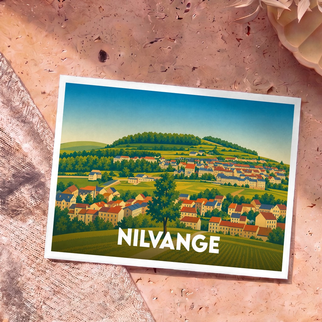 Carte postale souvenir de la ville de Nilvange avec une illustration stylisée d'un village vallonné.