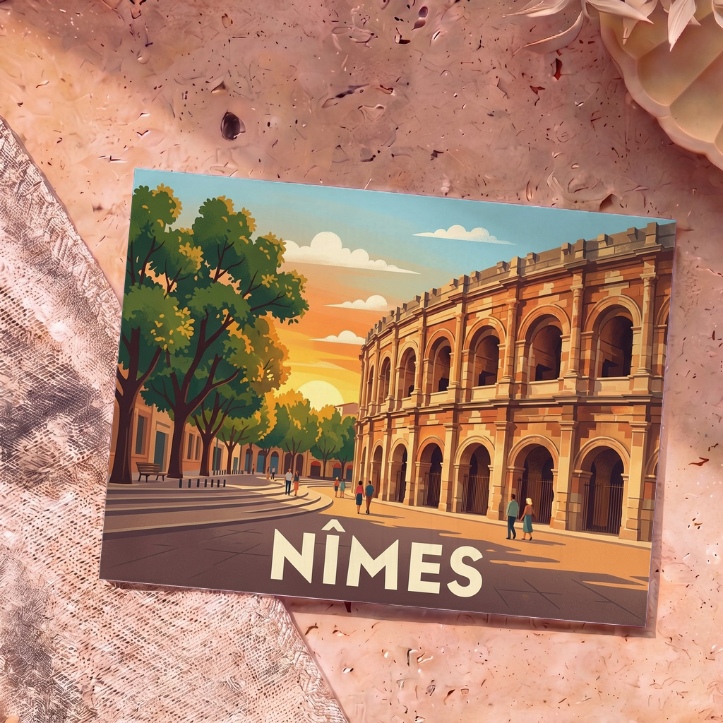 Carte postale souvenir de la ville de Nîmes illustrant les Arènes lors d'un coucher de soleil.