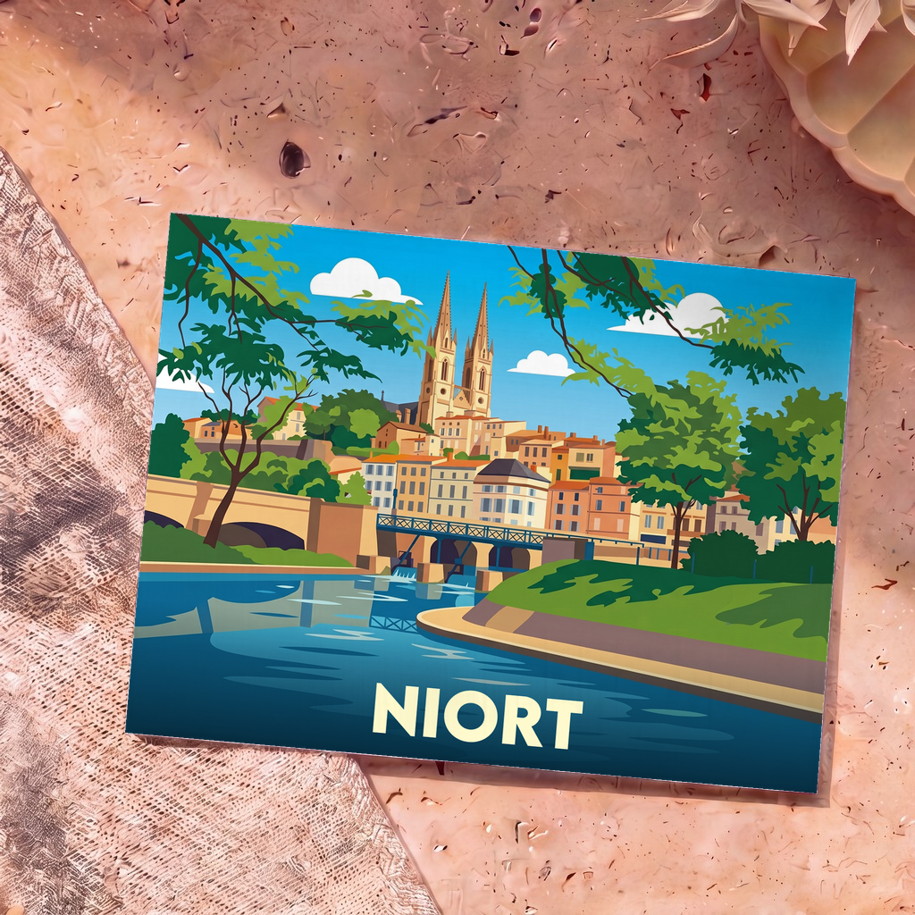 Carte postale souvenir de la ville de Niort avec une illustration stylisée des bords de la Sèvre et de l'église Saint-André.