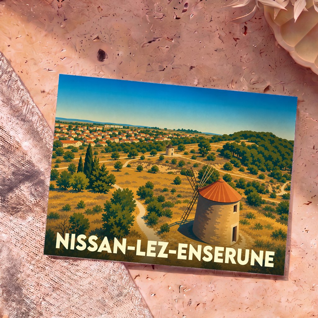 Carte postale souvenir de la ville de Nissan-lez-Enserune avec une illustration stylisée de ses moulins et du village.