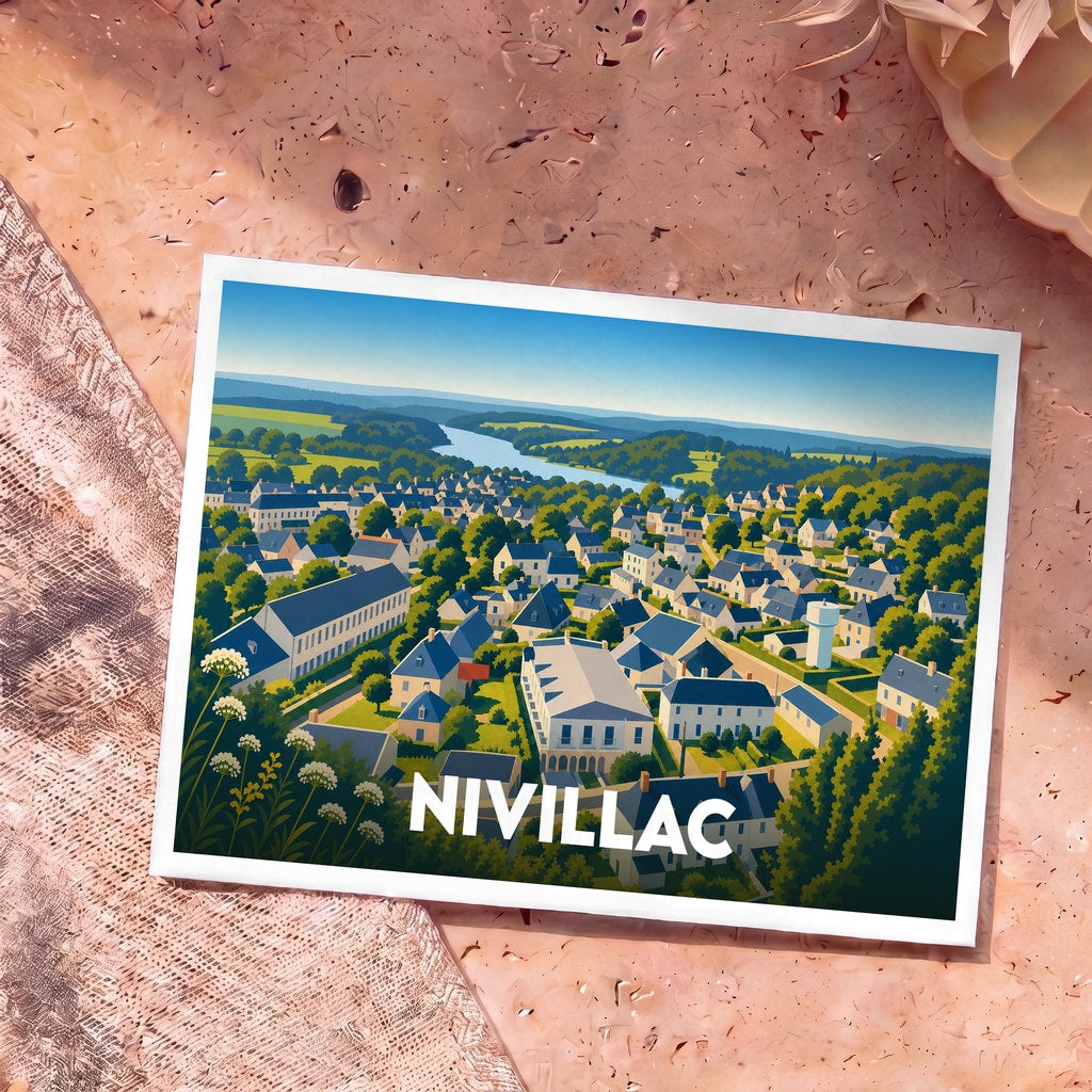 Carte postale souvenir de la ville de Nivillac présentant une illustration stylisée et colorée du paysage urbain en bord de rivière.