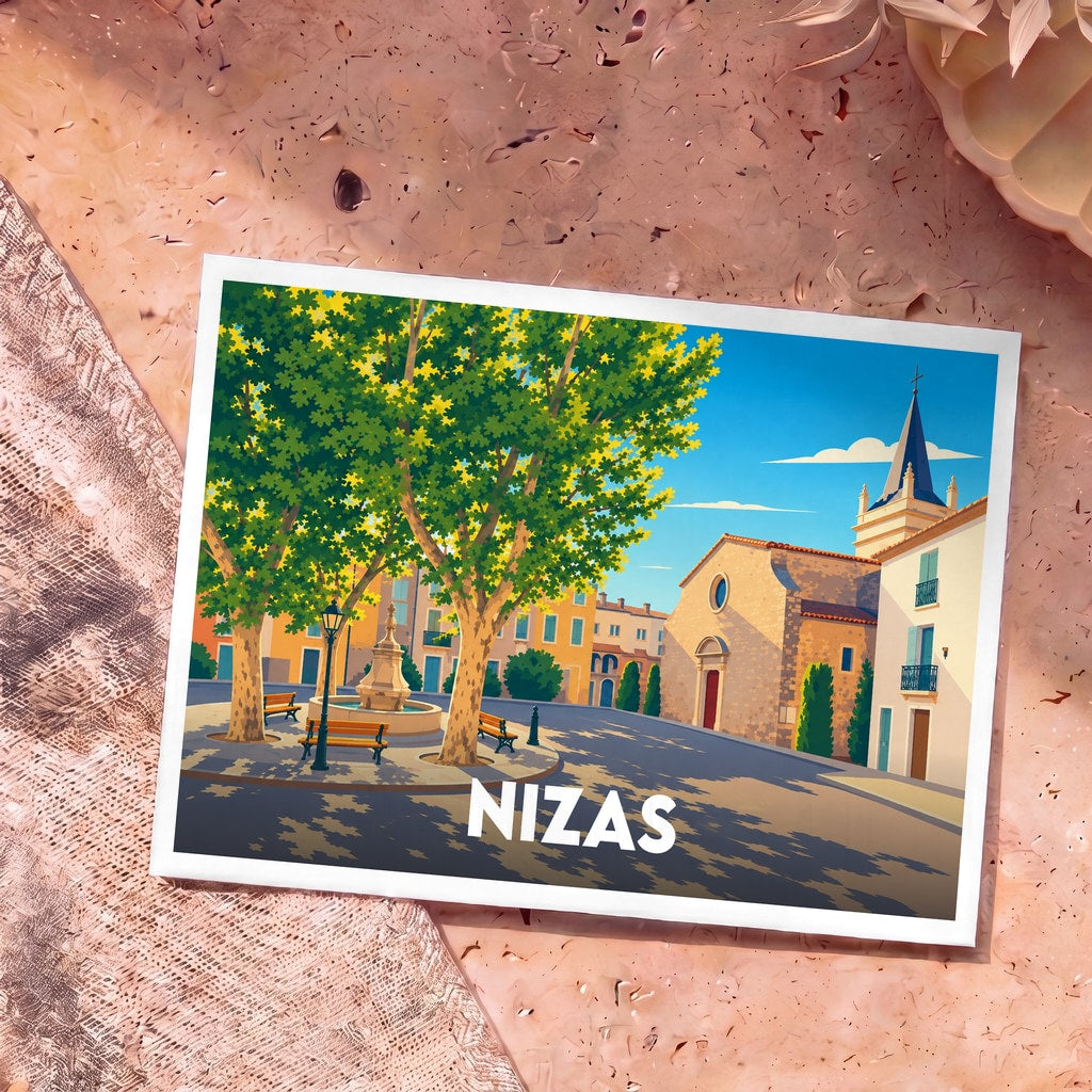 Carte postale souvenir de la ville de Nizas avec une illustration stylisée d'une place ensoleillée.