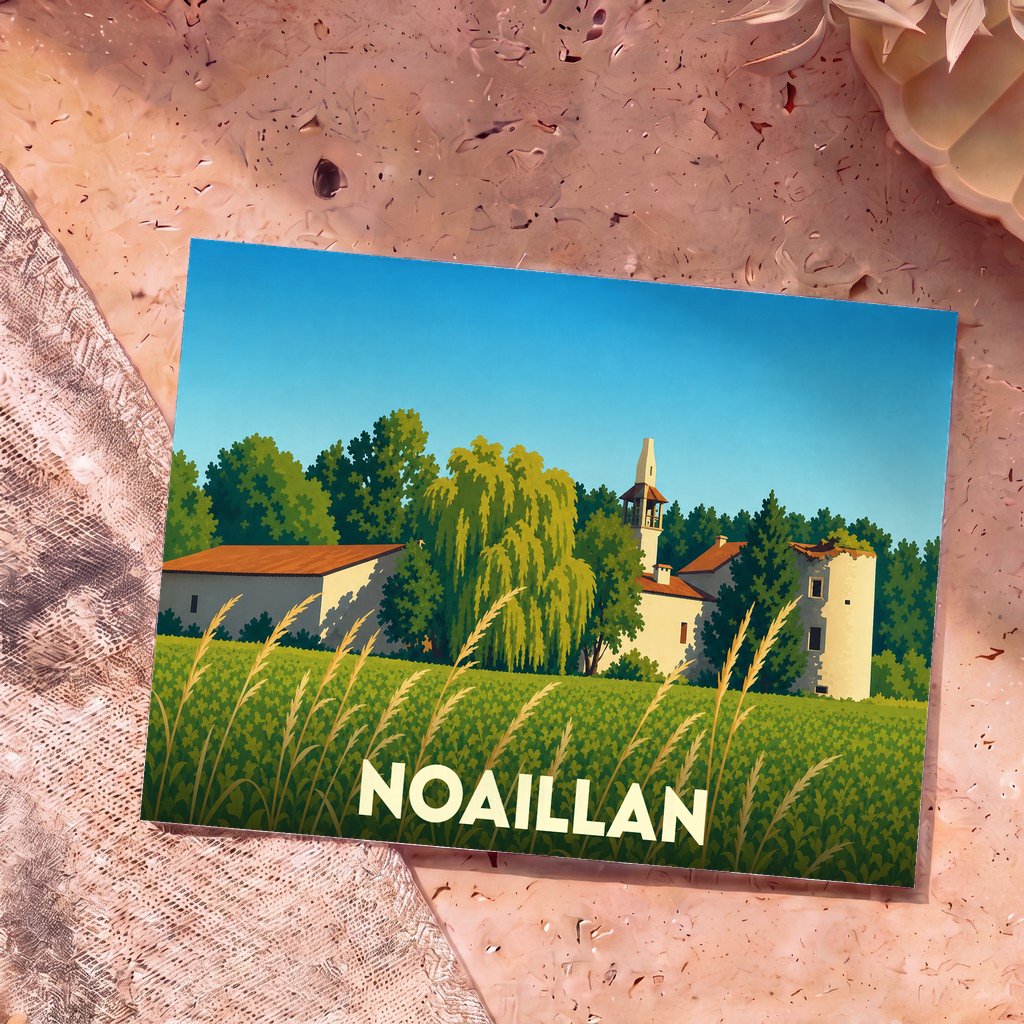 Carte postale souvenir de la ville de Noaillan avec une illustration stylisée d'un paysage rural.