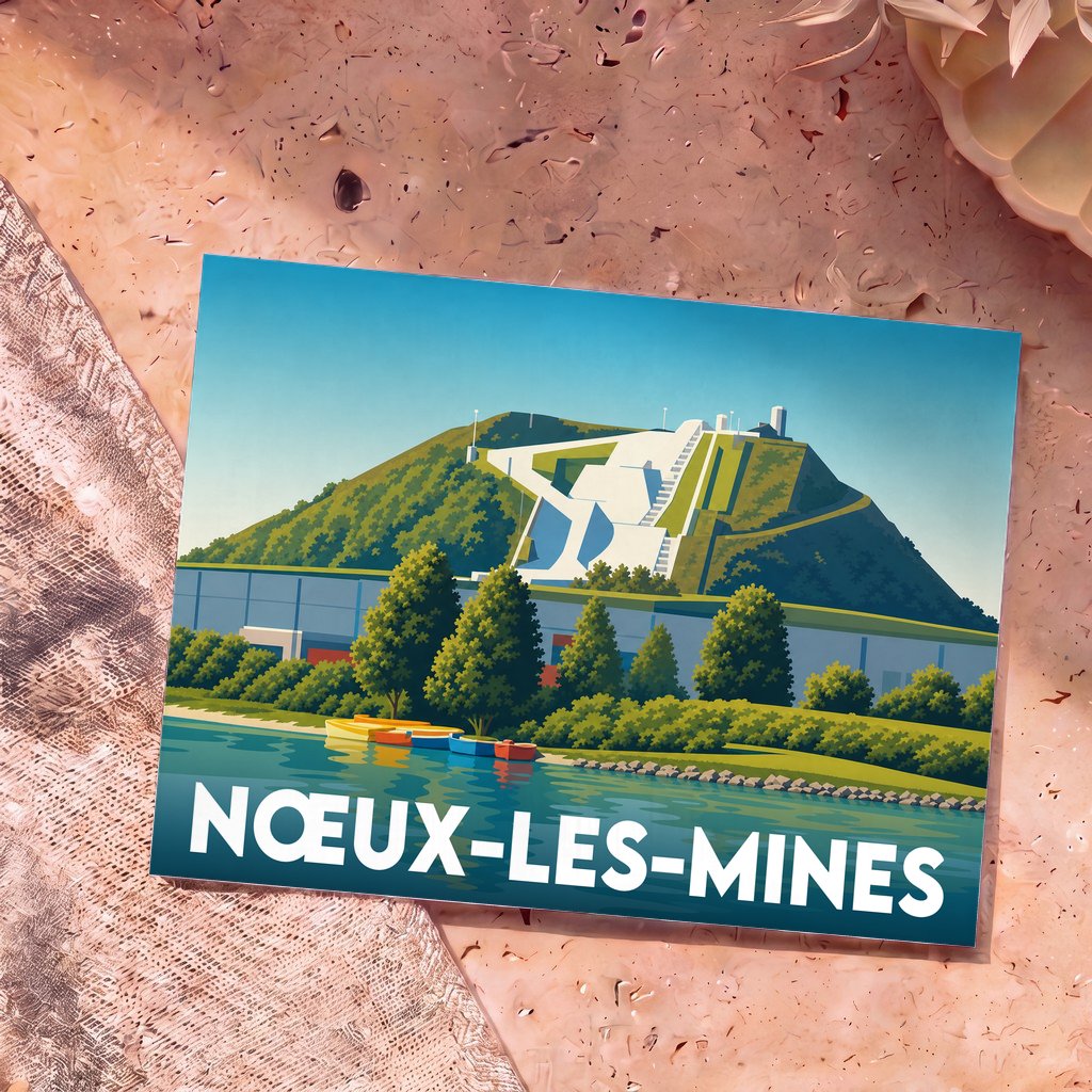 Carte postale souvenir de la ville de Nœux-les-Mines avec une illustration stylisée de sa piste de ski sur terril.
