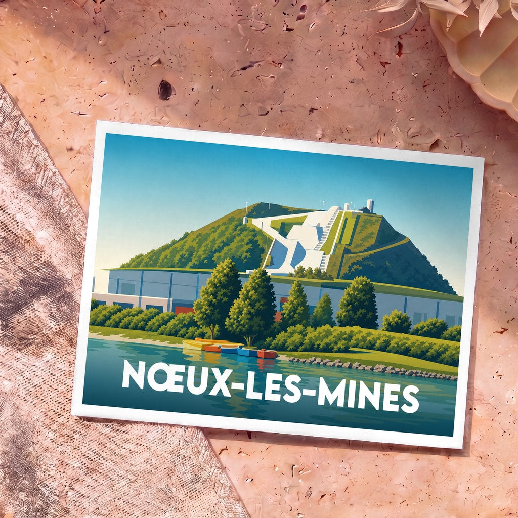 Carte postale souvenir de la ville de Nœux-les-Mines avec une illustration stylisée de sa piste de ski sur terril.