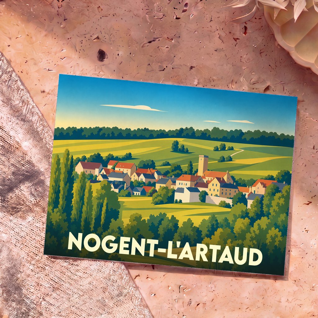 Carte postale souvenir de la ville de Nogent-l'Artaud avec une illustration stylisée d'un village entouré de champs.