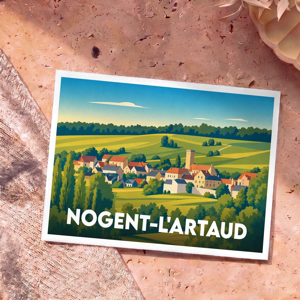 Carte postale souvenir de la ville de Nogent-l'Artaud avec une illustration stylisée d'un village entouré de champs.