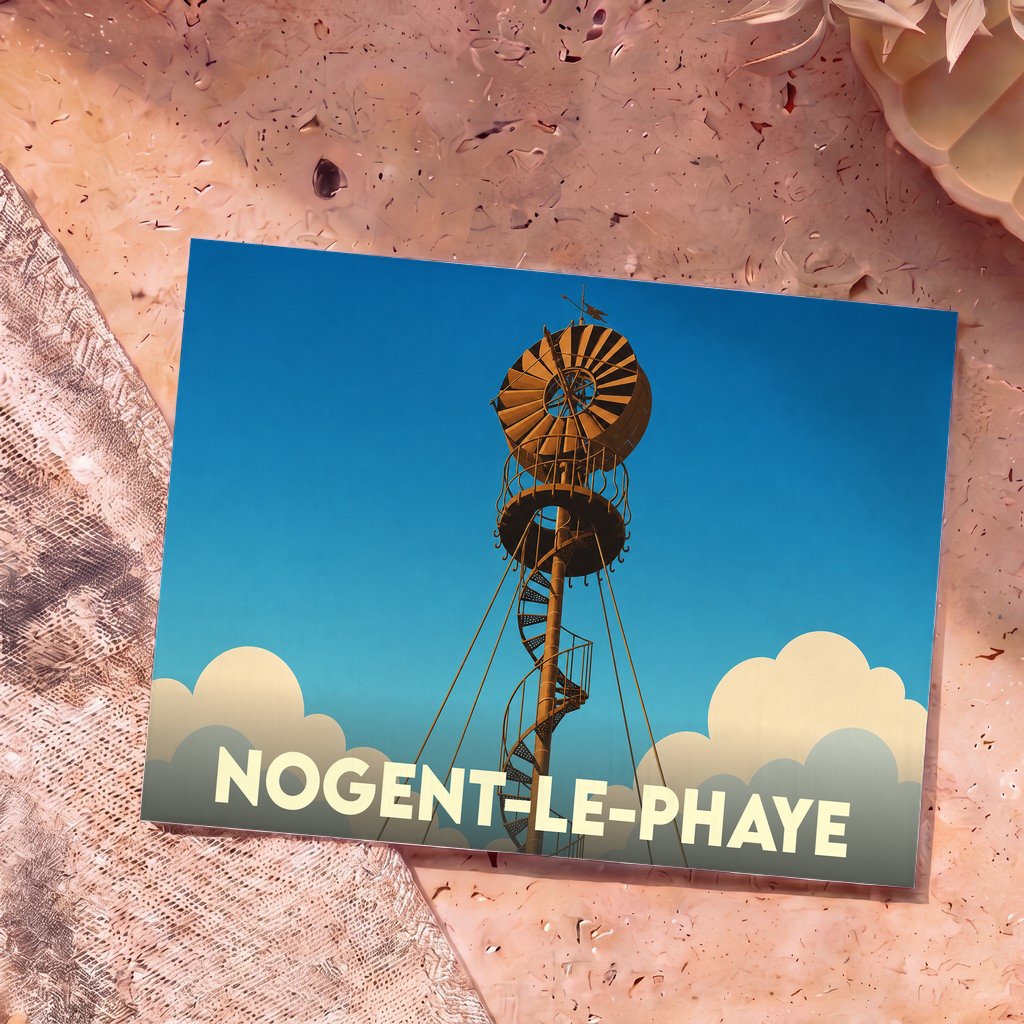 Carte postale souvenir de la ville de Nogent-le-Phaye illustrant une éolienne Bollée stylisée sur un fond de ciel bleu.