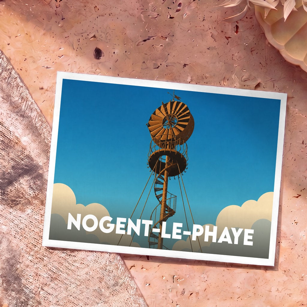 Carte postale souvenir de la ville de Nogent-le-Phaye illustrant une éolienne Bollée stylisée sur un fond de ciel bleu.