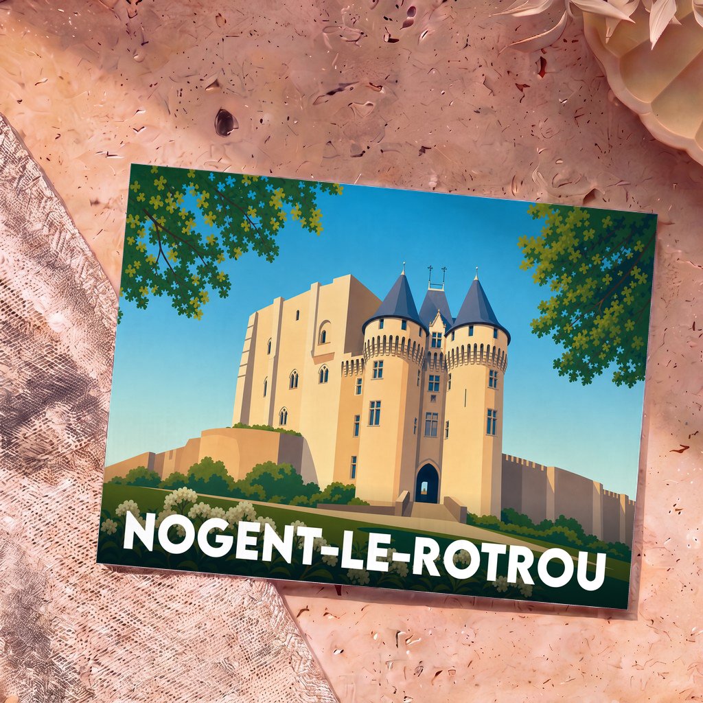 Carte postale souvenir de la ville de Nogent-le-Rotrou illustrant son château dans un style graphique épuré.