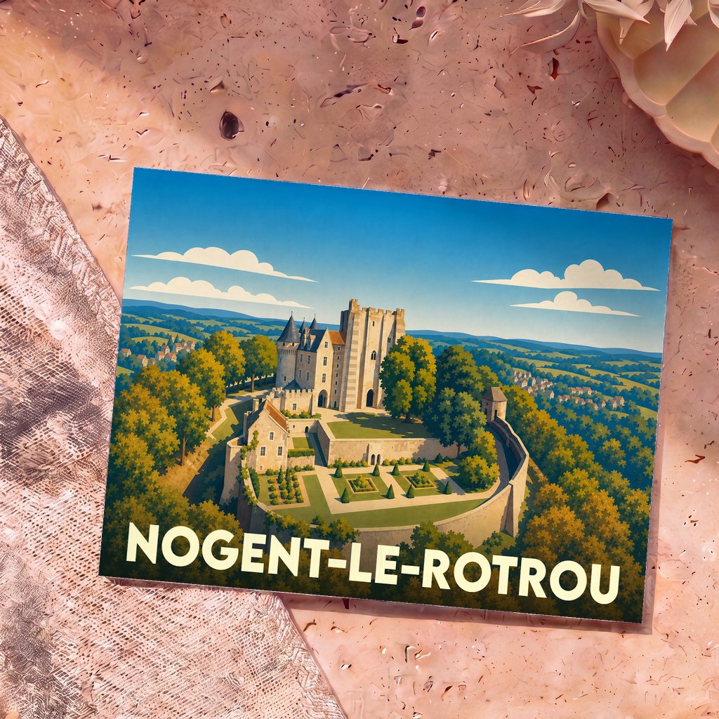 Carte postale souvenir de la ville de Nogent-le-Rotrou illustrant son château médiéval dans un style graphique épuré.