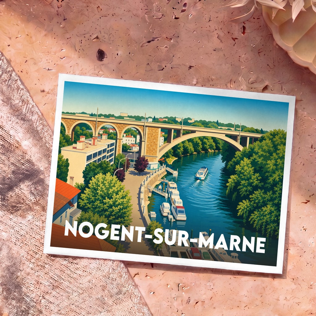 Carte postale souvenir de la ville de Nogent-sur-Marne illustrant son viaduc et les bords de la Marne.