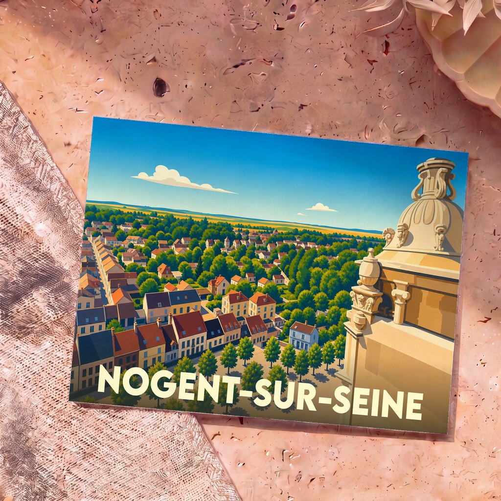 Carte postale souvenir de la ville de Nogent-sur-Seine avec une illustration stylisée vue du ciel.