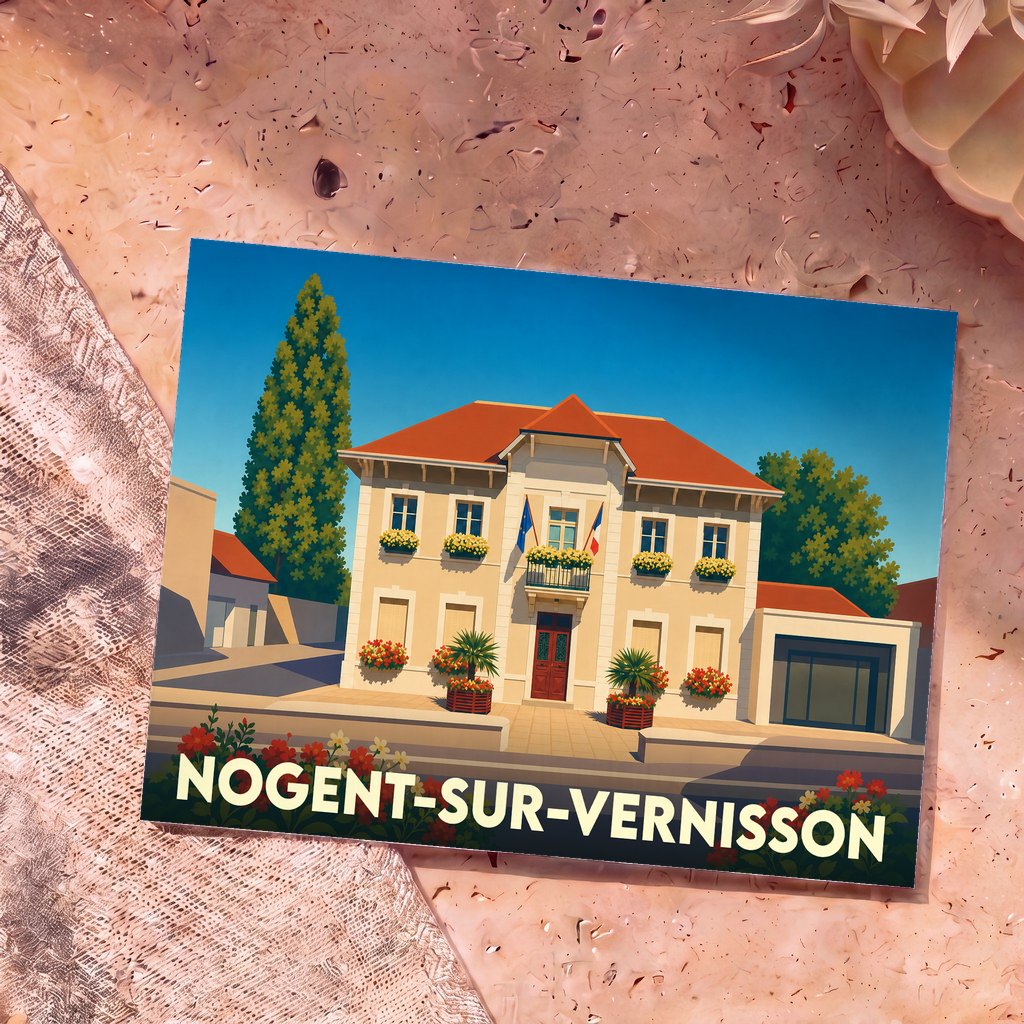 Carte postale souvenir de la ville de Nogent-sur-Vernisson avec une illustration stylisée de la mairie.